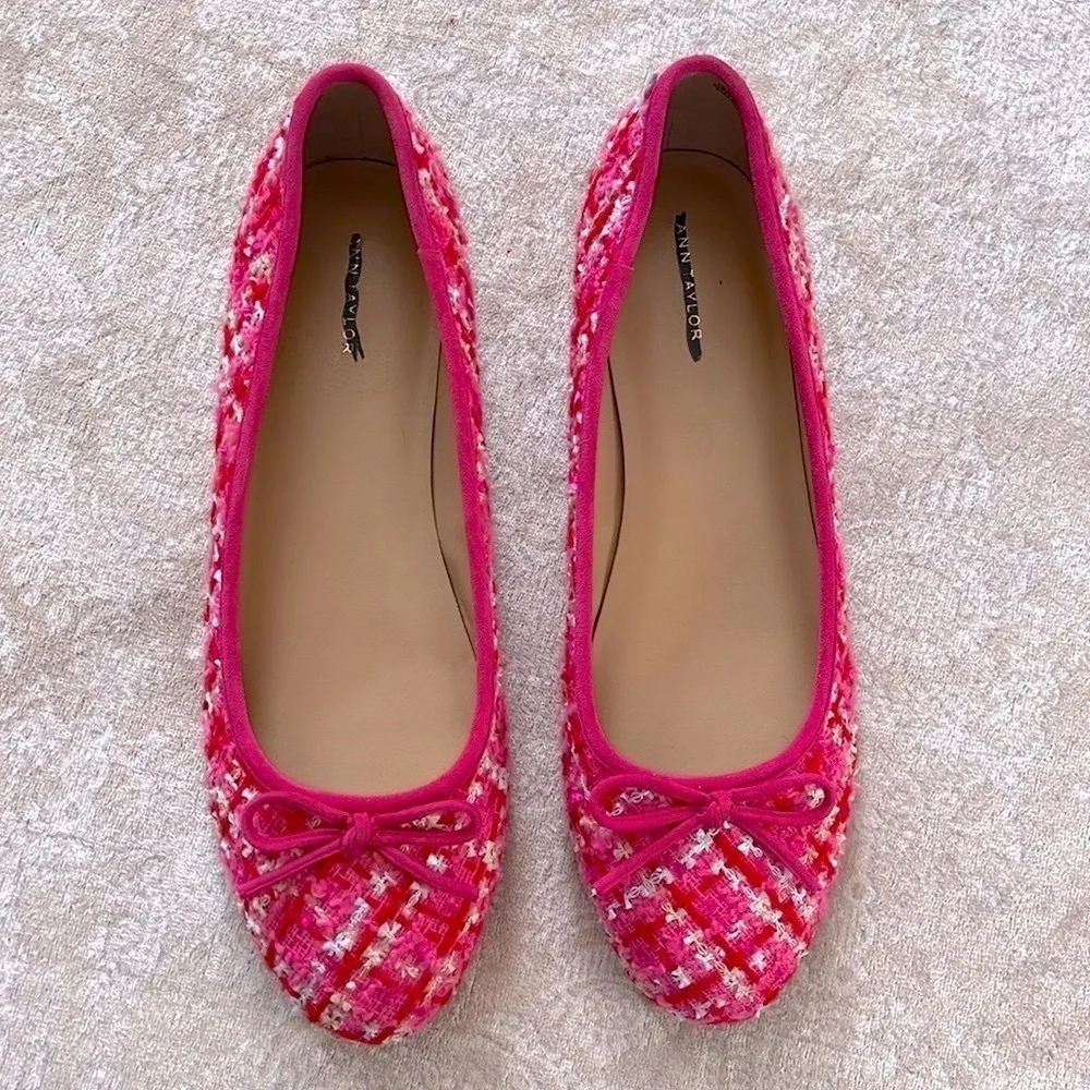 Brand New Ann Taylor Pink Tweed Ballet Flats Bow 1/2
